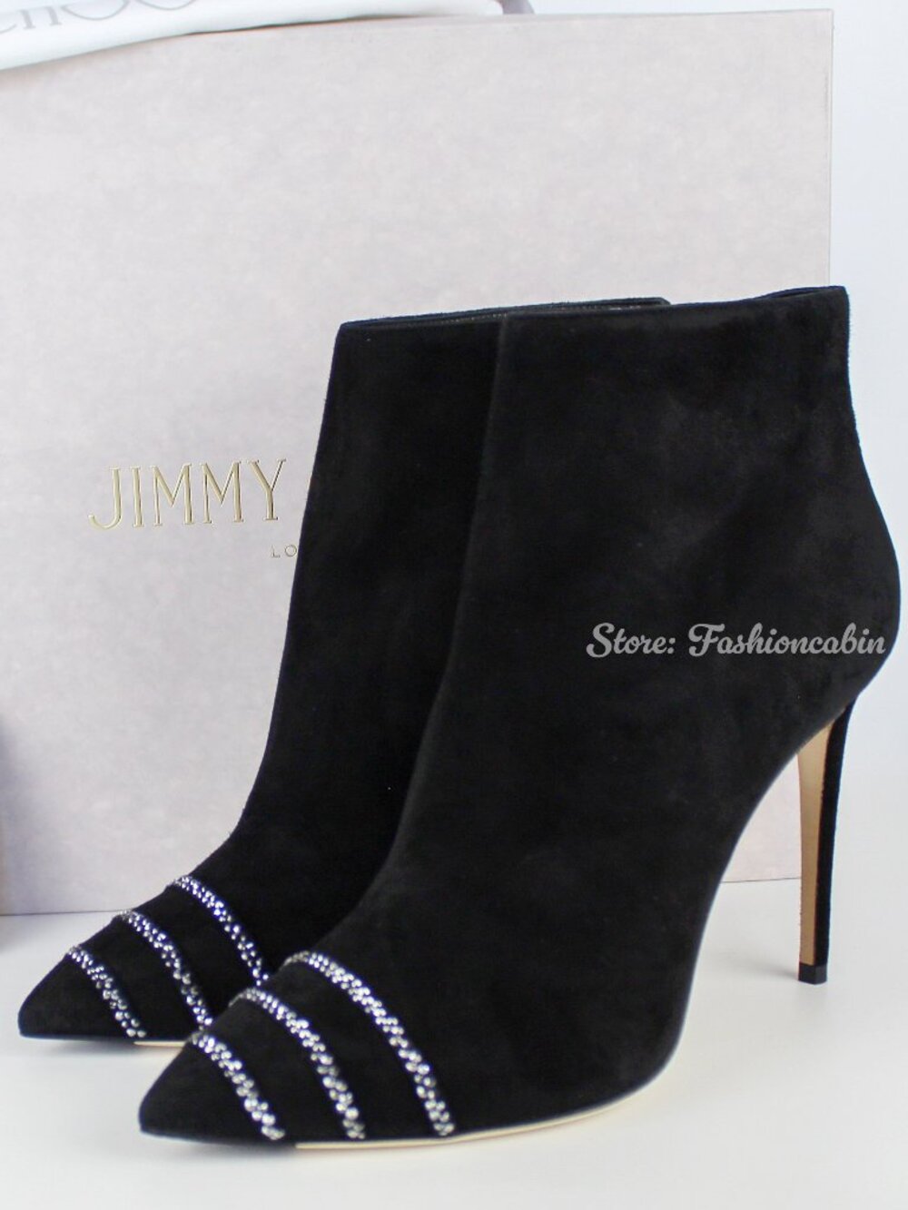 NEW JIMMY CHOO Boo 100 Crystal Suede Heeled Booties, Black, EU 41